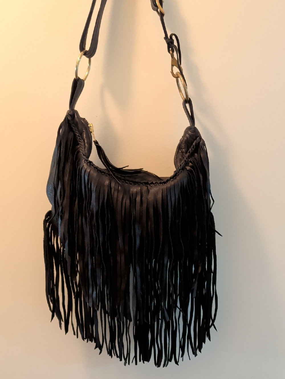 Queen of Hearts Black Fringe Leather Shoulder Bag - Women
